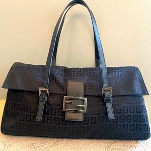 Vintage Fendi Black Zucchino Canvas Shoulder Bag